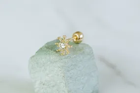 14k Gold Cubic Stick Snowflake Barbell Ear Stud Piercing