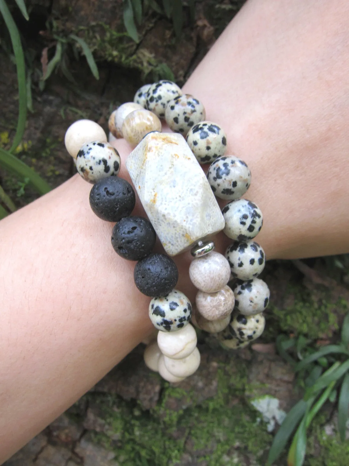 3 piece set - Fossil Coral, Dalmation Jasper, River Stone Mala Bracelet Set