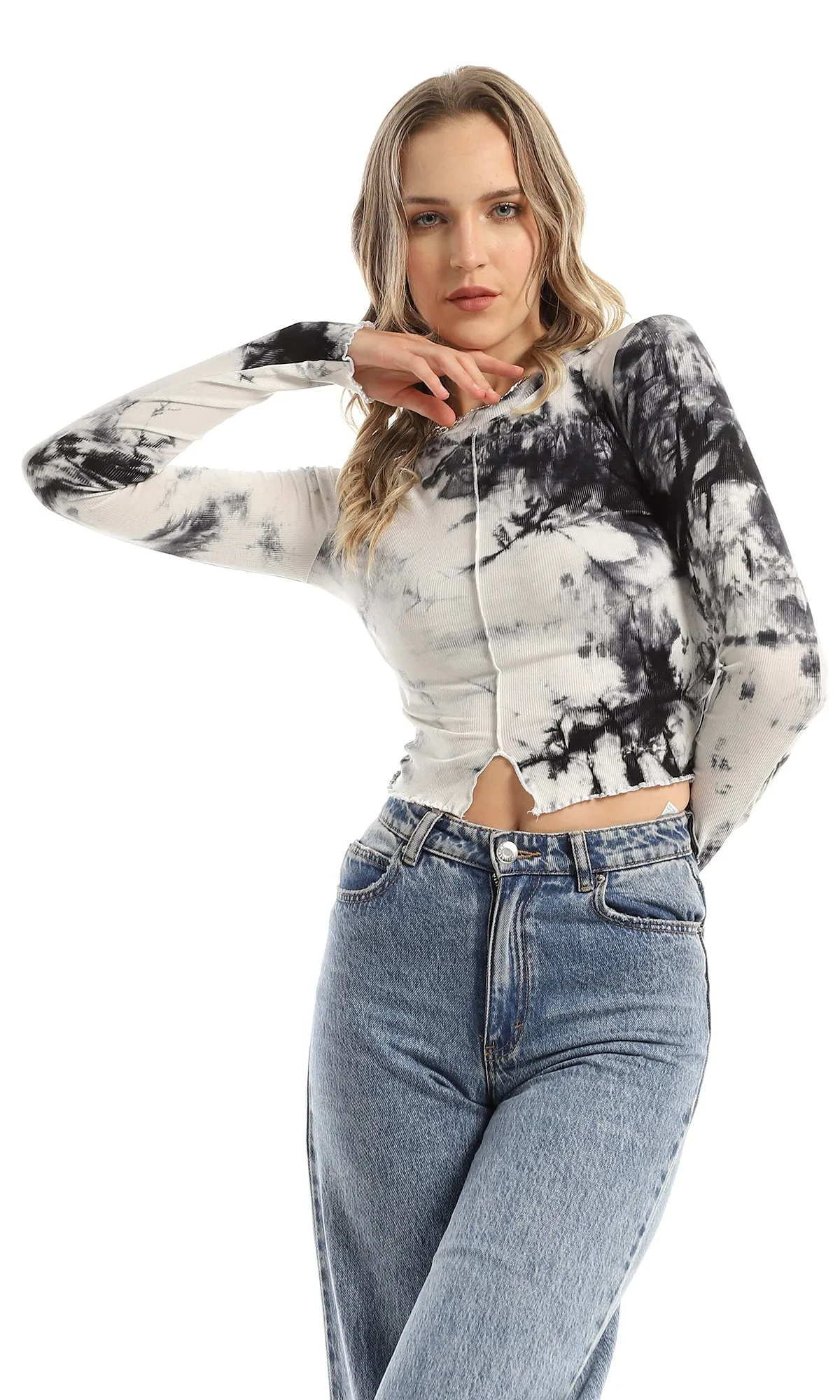 97965 Black & White Tie Dye Long Sleeves Summer Top