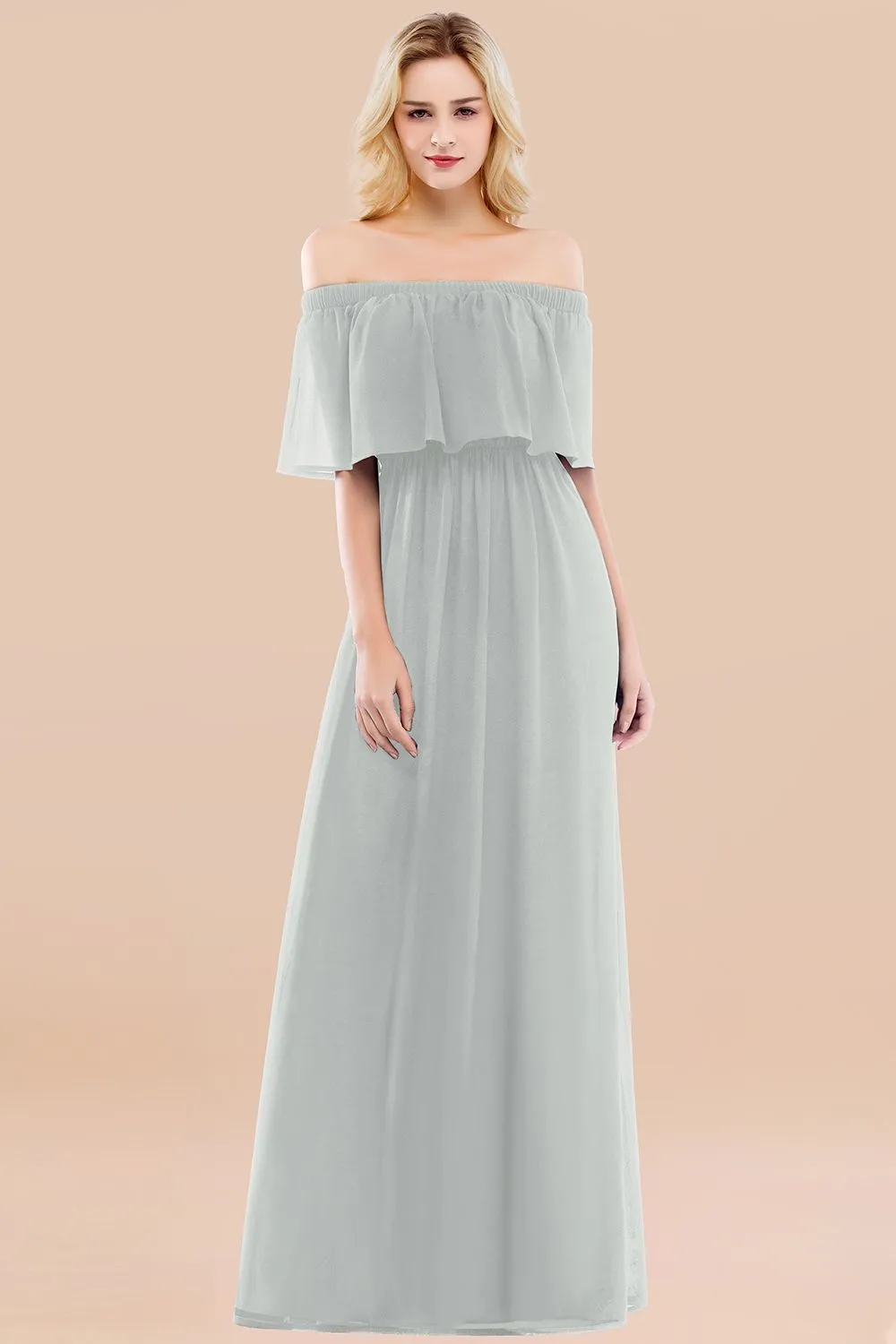 A-line Chiffon Off the Shoulder Ruffles Long Bridesmaid Dress with Sleeves