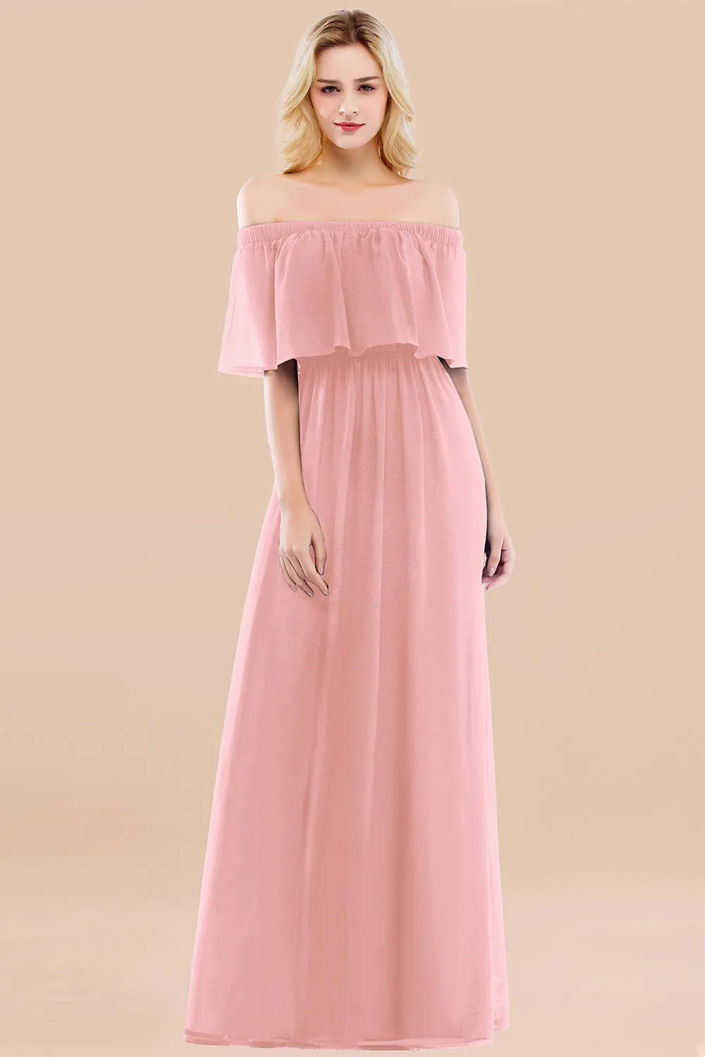 A-line Chiffon Off the Shoulder Ruffles Long Bridesmaid Dress with Sleeves