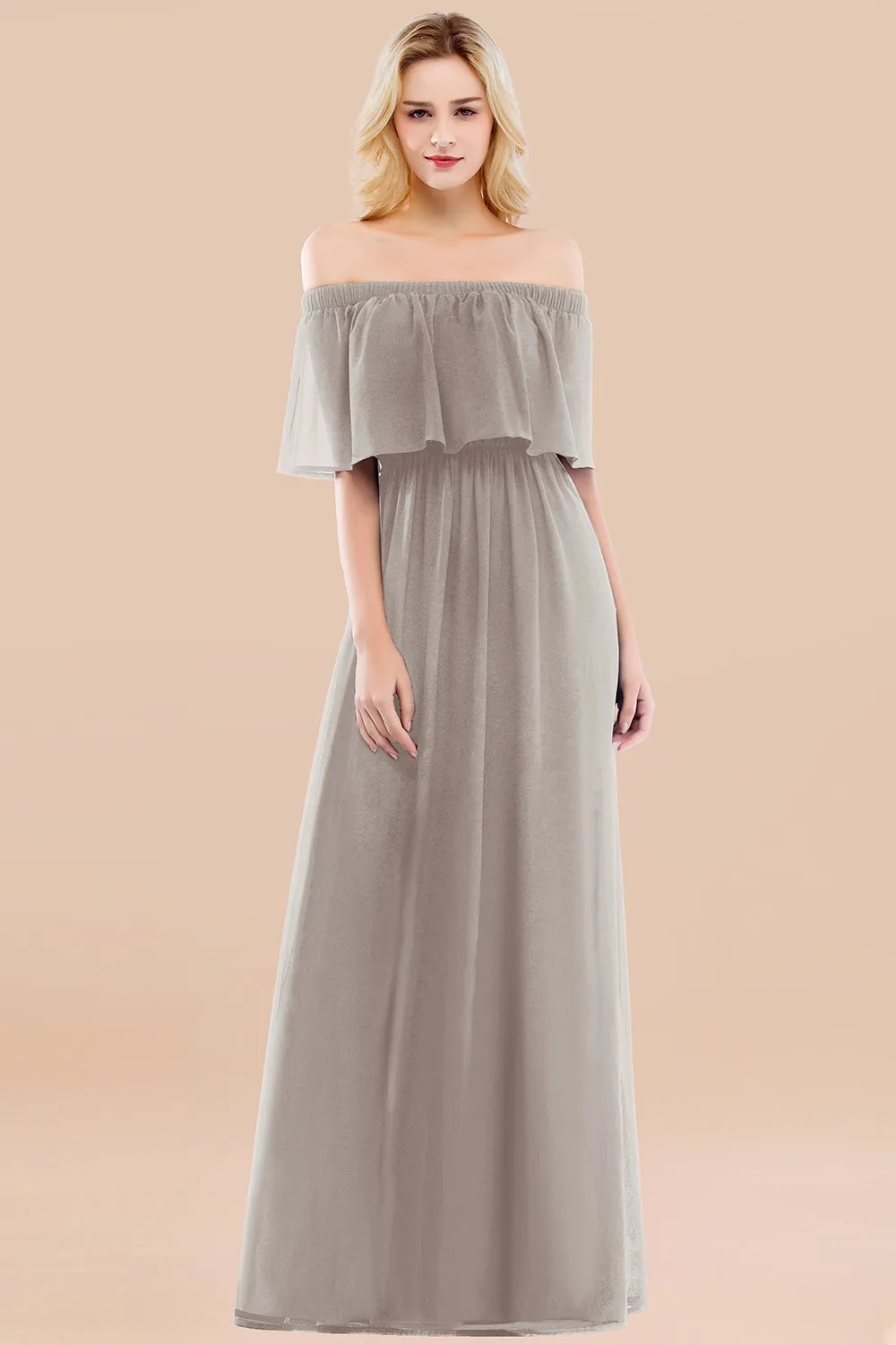 A-line Chiffon Off the Shoulder Ruffles Long Bridesmaid Dress with Sleeves