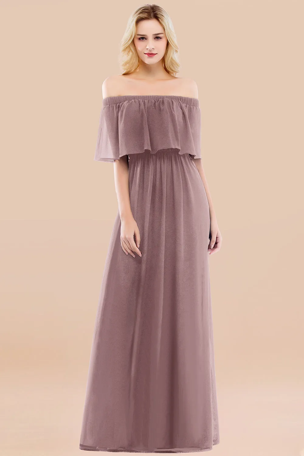 A-line Chiffon Off the Shoulder Ruffles Long Bridesmaid Dress with Sleeves