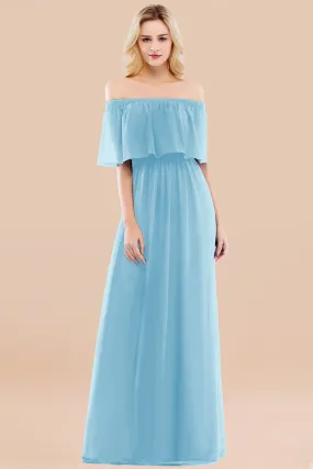 A-line Chiffon Off the Shoulder Ruffles Long Bridesmaid Dress with Sleeves