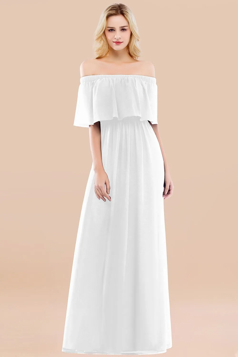 A-line Chiffon Off the Shoulder Ruffles Long Bridesmaid Dress with Sleeves