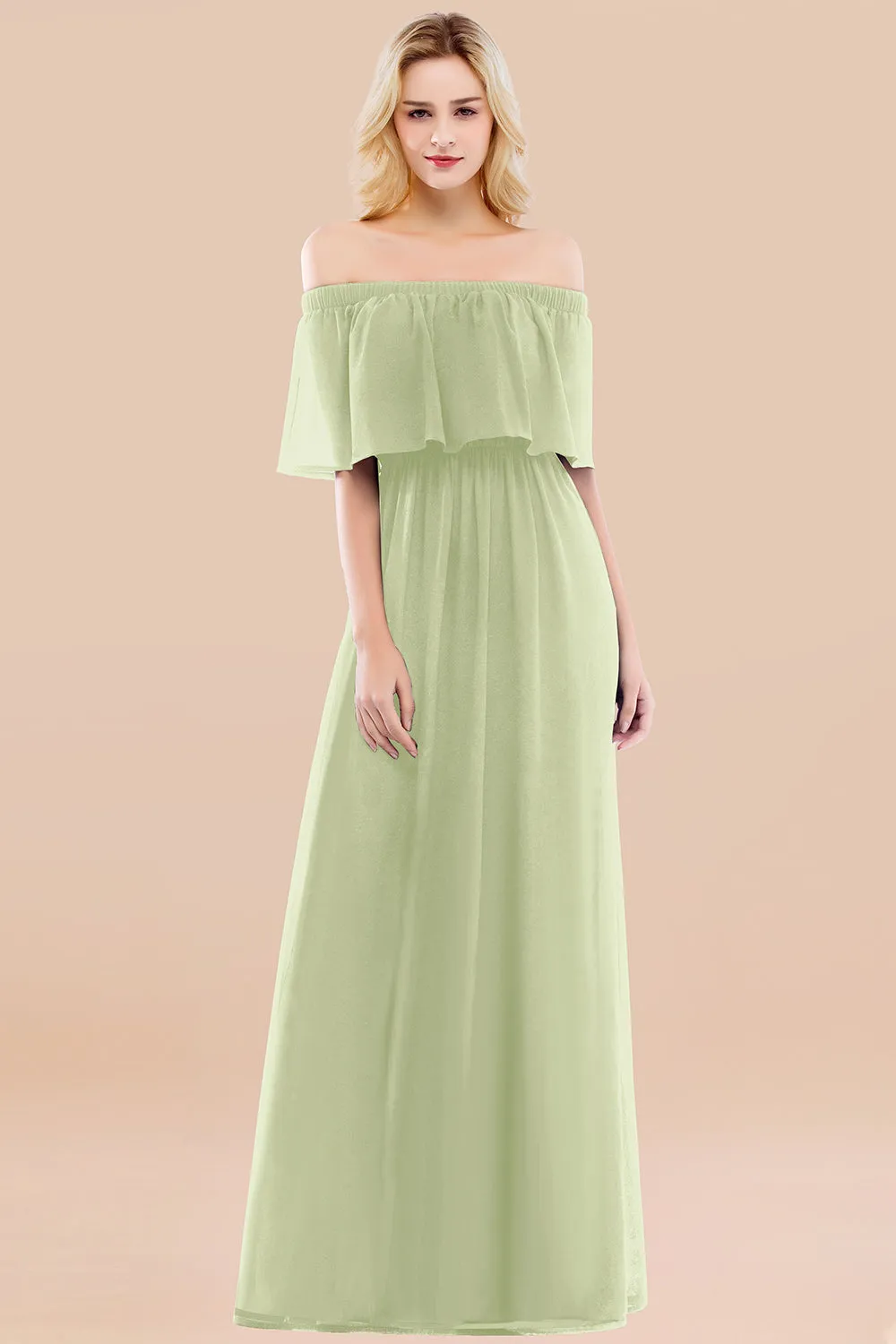 A-line Chiffon Off the Shoulder Ruffles Long Bridesmaid Dress with Sleeves