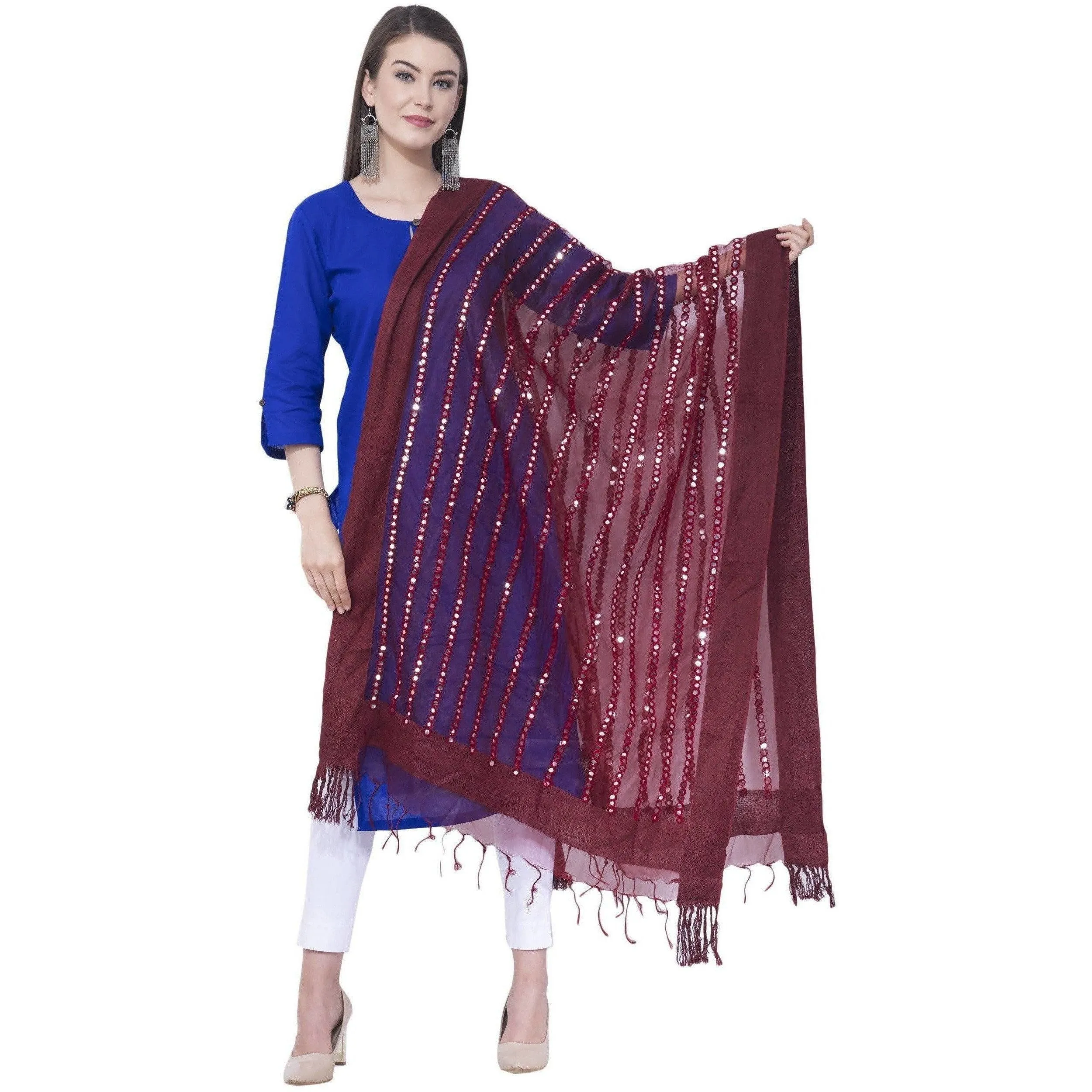 A R Silk Mehroon Color Mirror stripe Orgenza cotton Dupattas and Chunnis