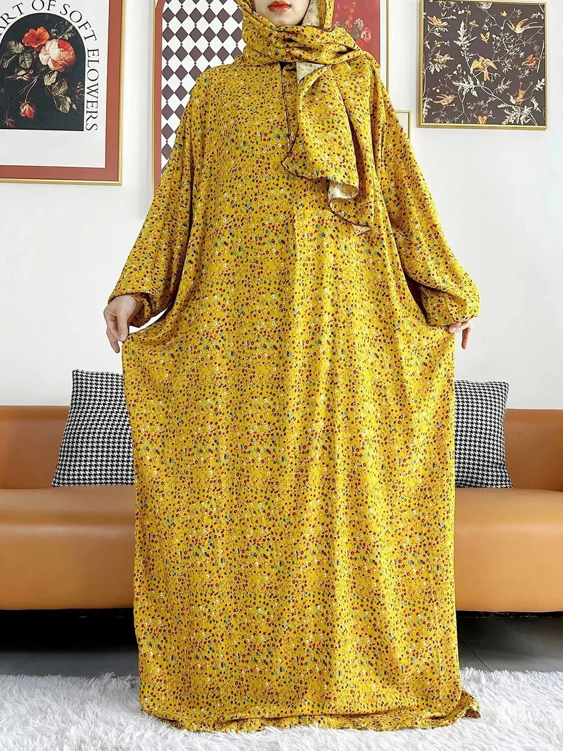 African Muslim Women Hooded Cotton Prayer Garment Kaftan With Hijab Floral Prints