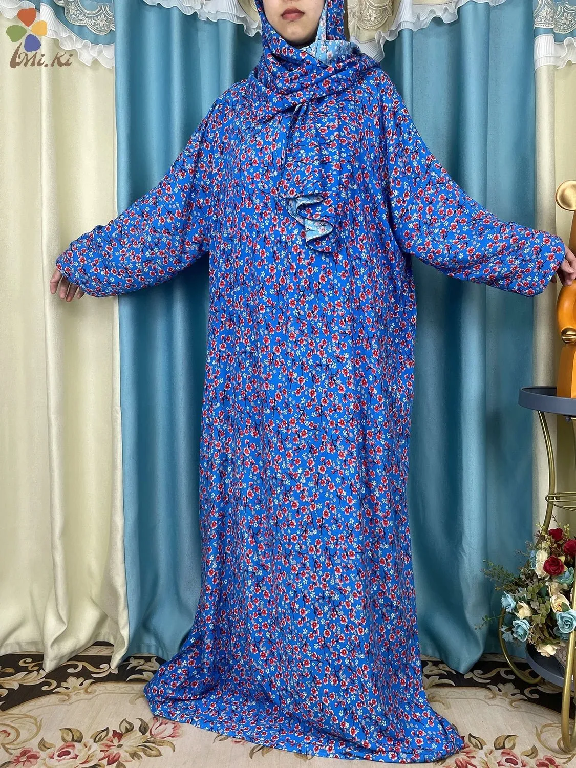 African Muslim Women Hooded Cotton Prayer Garment Kaftan With Hijab Floral Prints