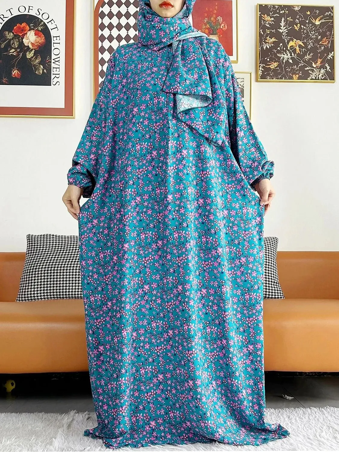 African Muslim Women Hooded Cotton Prayer Garment Kaftan With Hijab Floral Prints