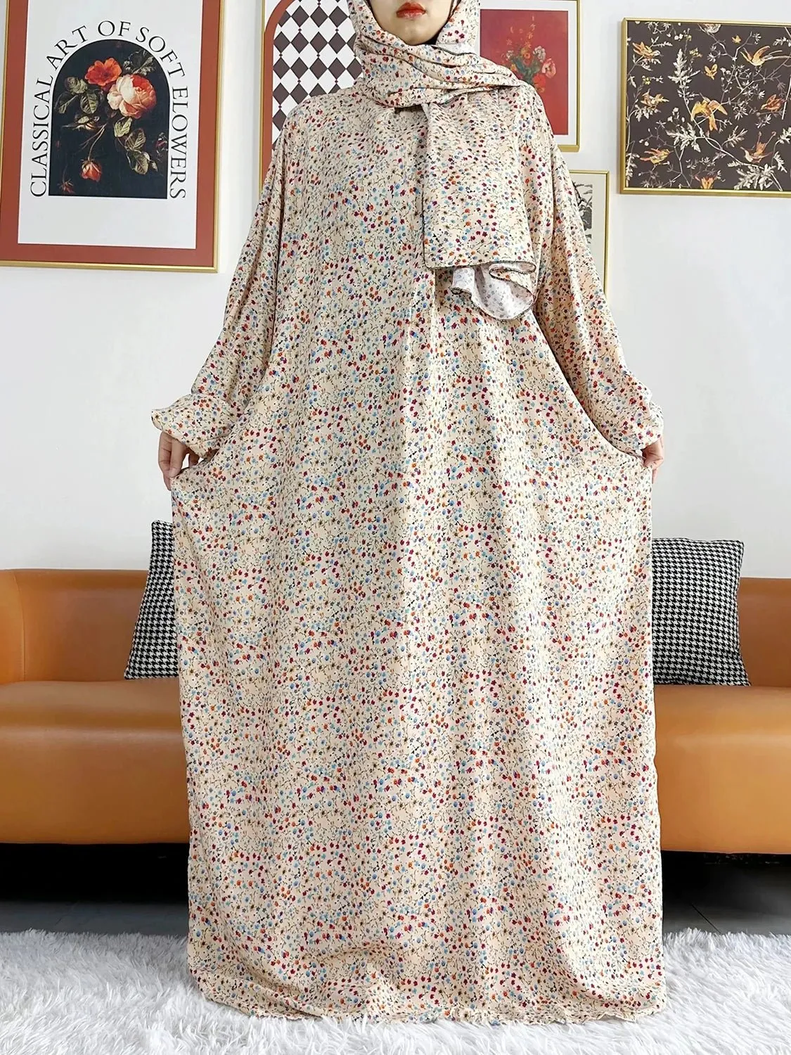 African Muslim Women Hooded Cotton Prayer Garment Kaftan With Hijab Floral Prints