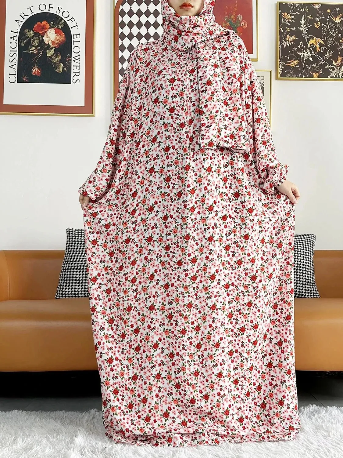 African Muslim Women Hooded Cotton Prayer Garment Kaftan With Hijab Floral Prints