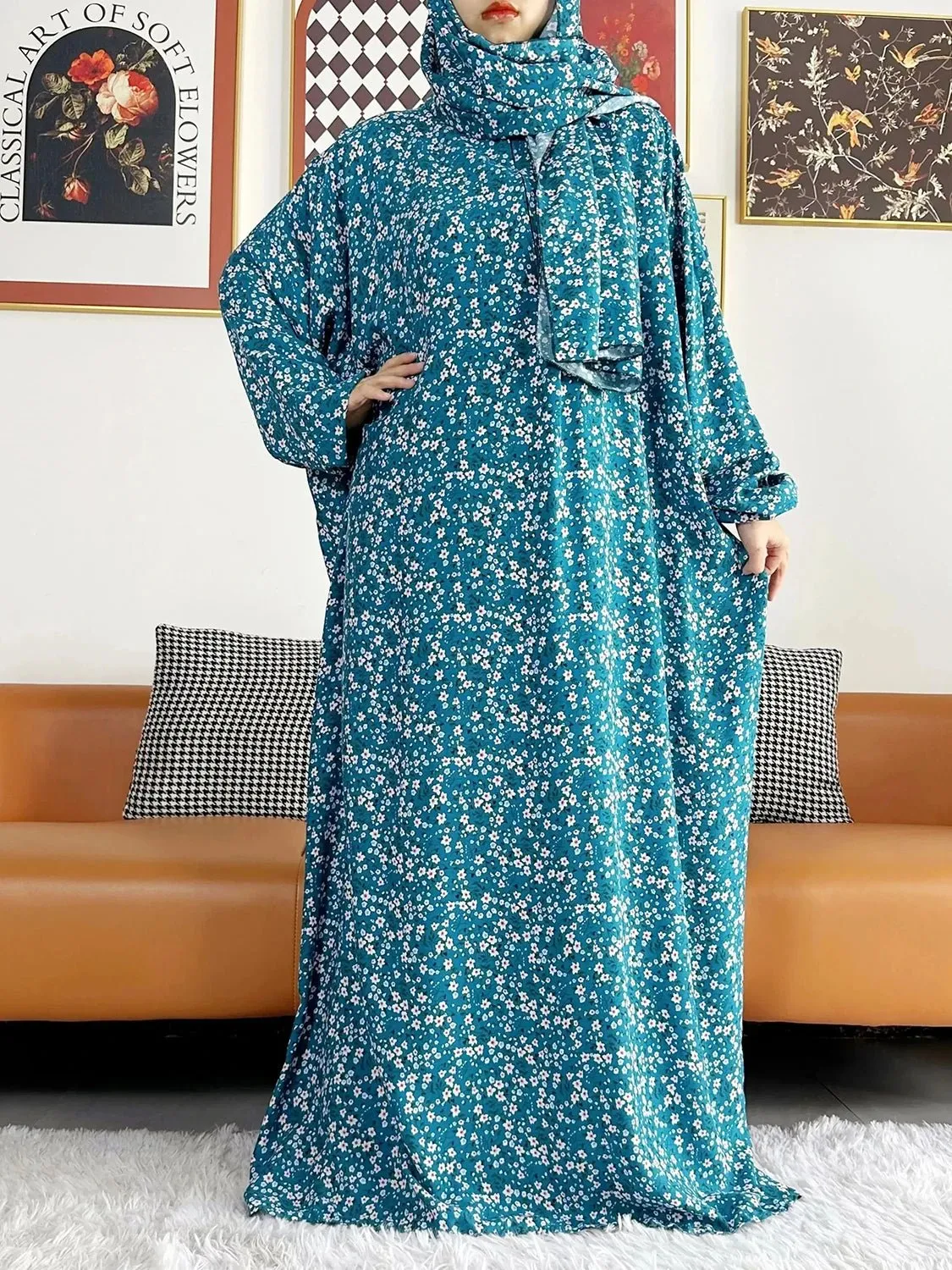 African Muslim Women Hooded Cotton Prayer Garment Kaftan With Hijab Floral Prints