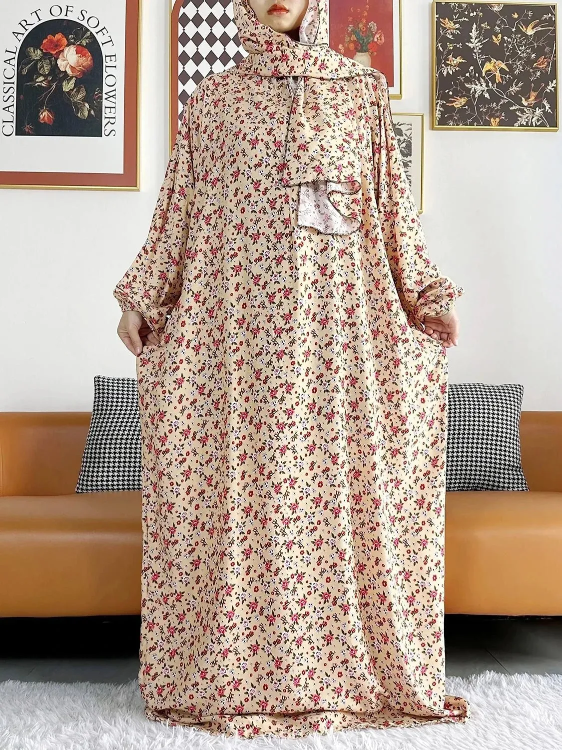 African Muslim Women Hooded Cotton Prayer Garment Kaftan With Hijab Floral Prints