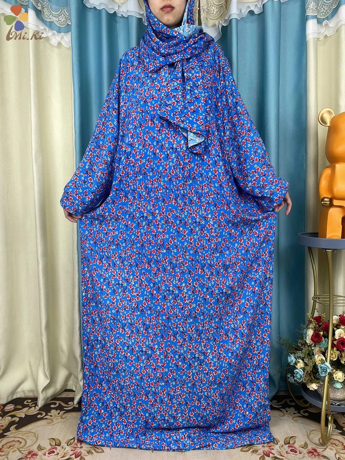 African Muslim Women Hooded Cotton Prayer Garment Kaftan With Hijab Floral Prints