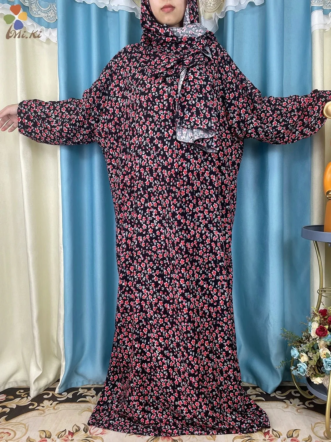 African Muslim Women Hooded Cotton Prayer Garment Kaftan With Hijab Floral Prints