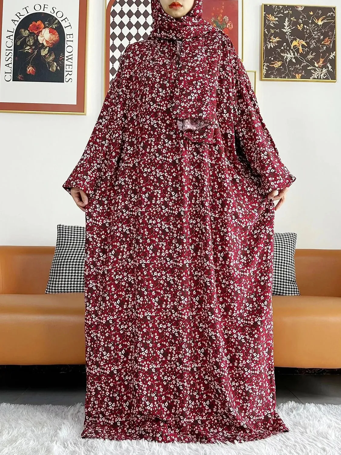 African Muslim Women Hooded Cotton Prayer Garment Kaftan With Hijab Floral Prints