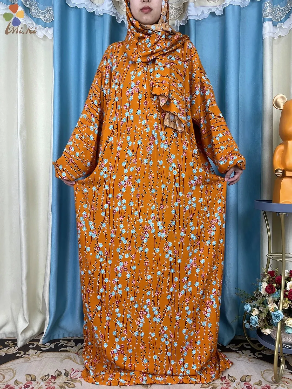 African Muslim Women Hooded Cotton Prayer Garment Kaftan With Hijab Floral Prints