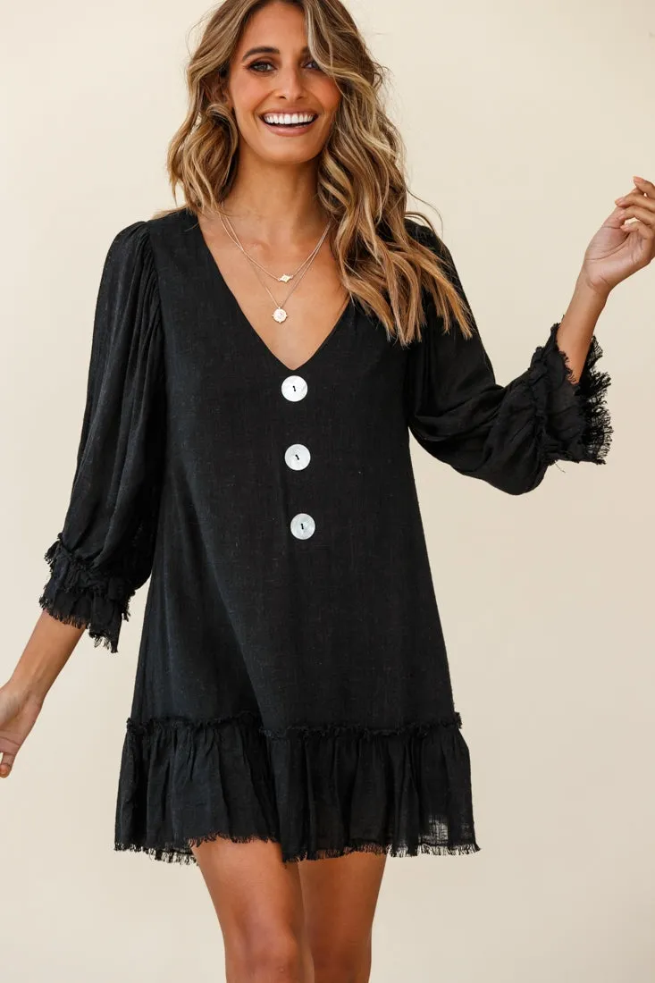 Amala Balloon Sleeve Button Detail Linen Dress Black