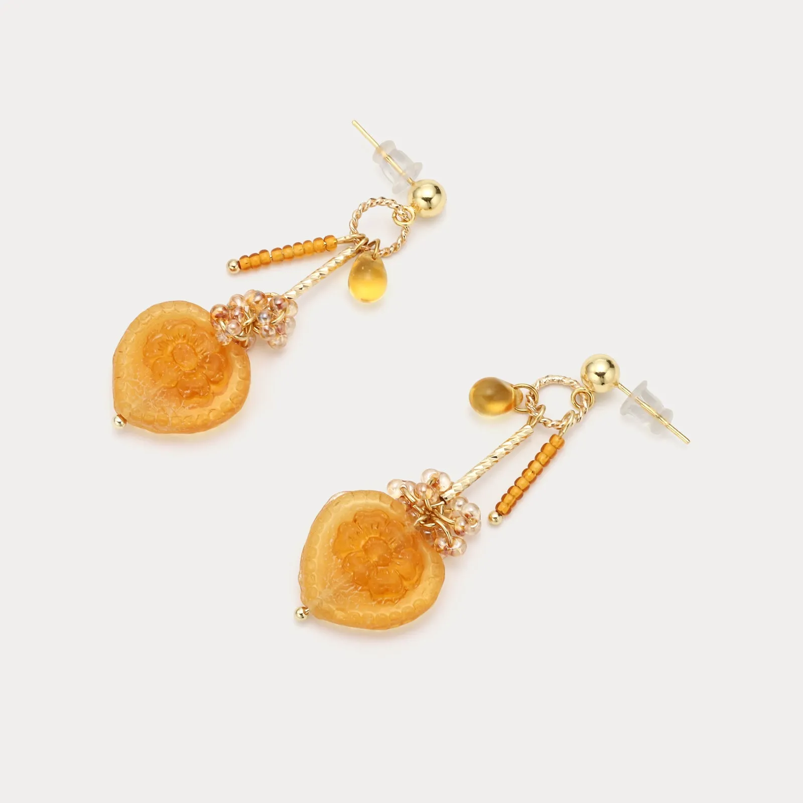 Amber Heart Flower Earrings