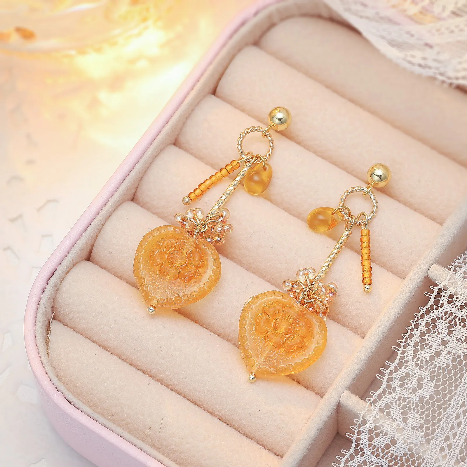 Amber Heart Flower Earrings