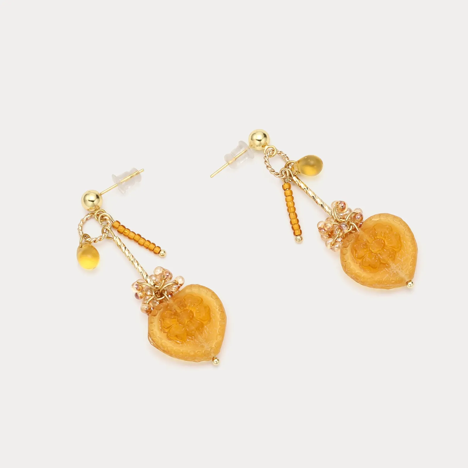 Amber Heart Flower Earrings