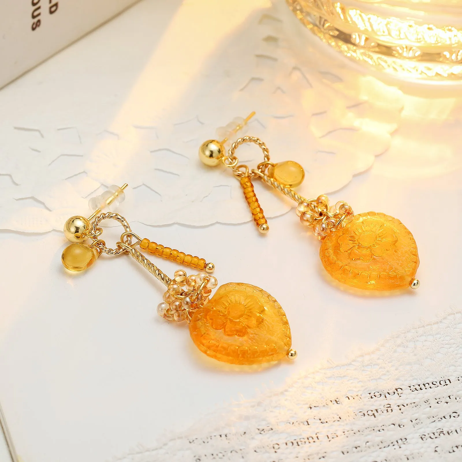 Amber Heart Flower Earrings