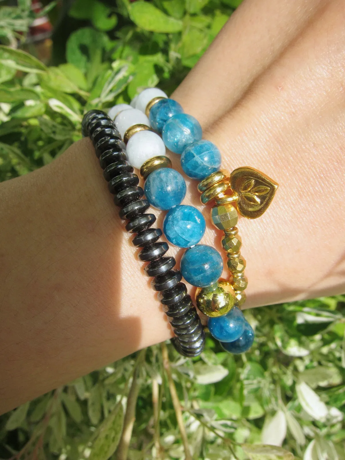 Apatite, Aquamarine in 27 Bead Mala Gemstone Bracelet w/ 24K Gold Filled Heart Flower Charm