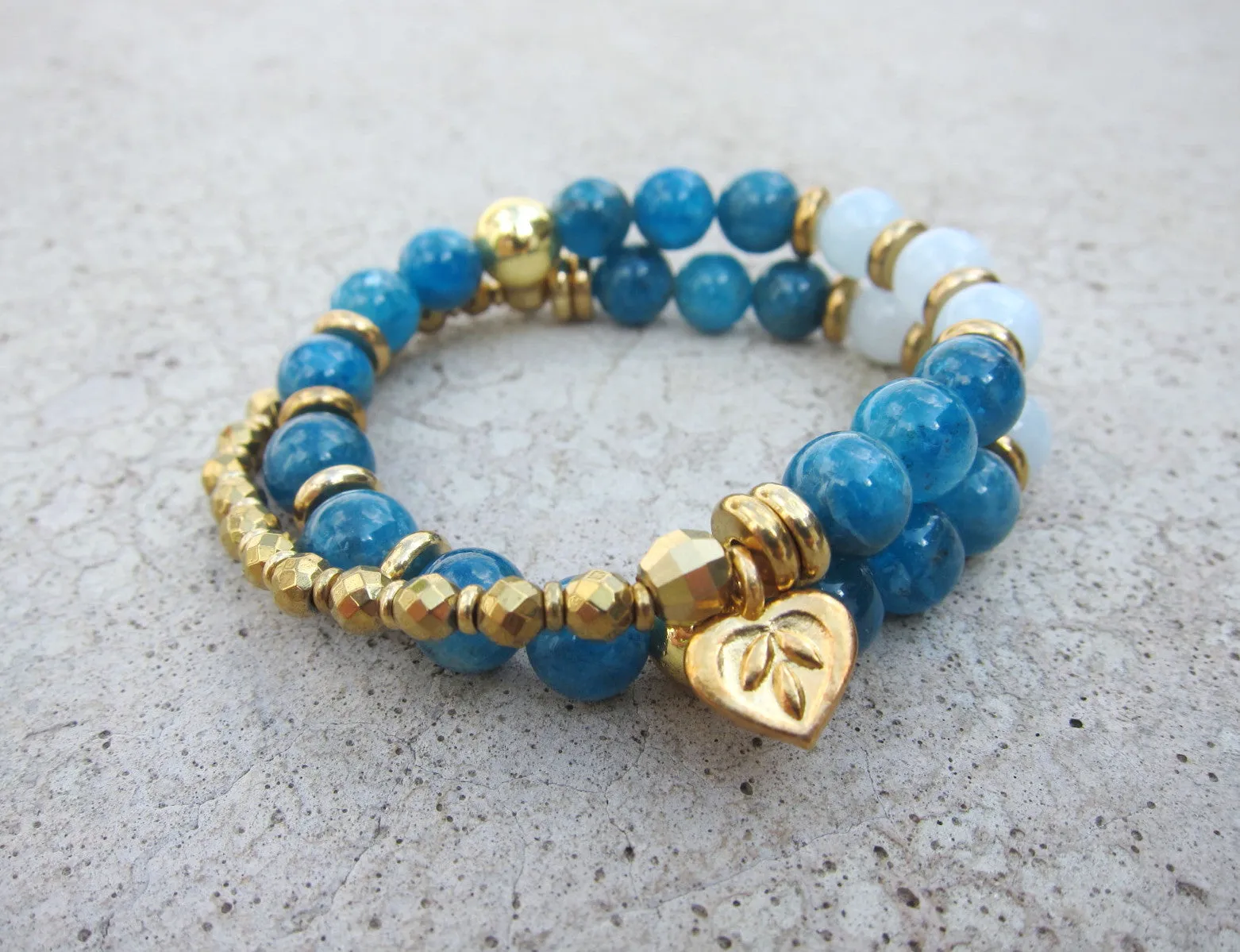 Apatite, Aquamarine in 27 Bead Mala Gemstone Bracelet w/ 24K Gold Filled Heart Flower Charm