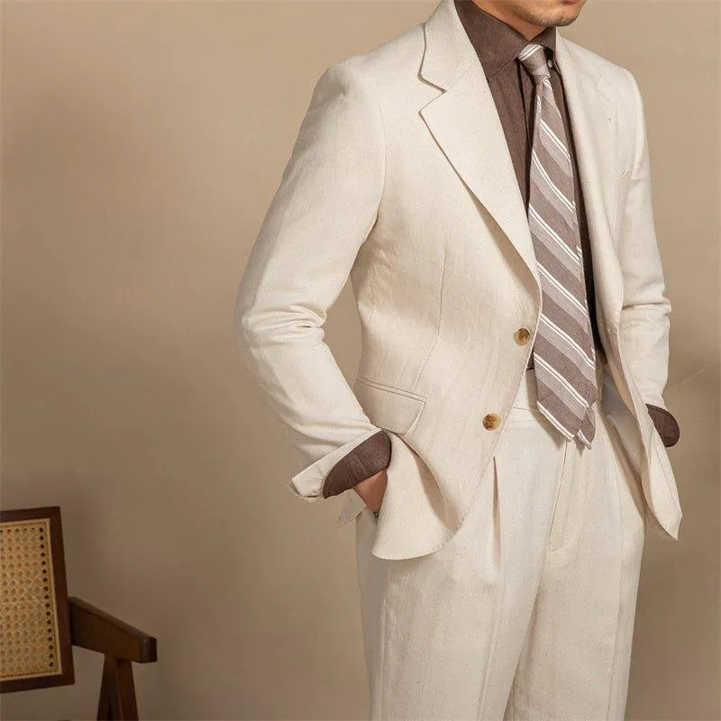 Apricot Hemp-Textured Slim Fit Men's Suit