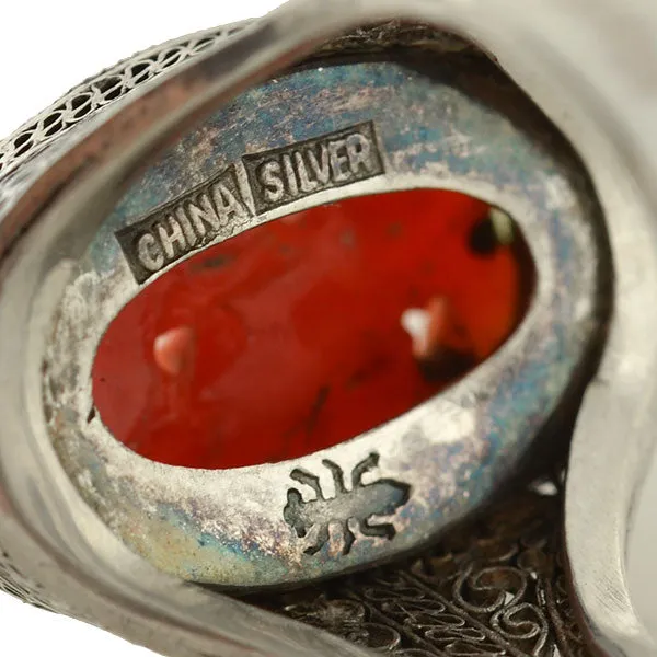 Art Deco Chinese Silver & Floral Carved Coral Filigree Ring