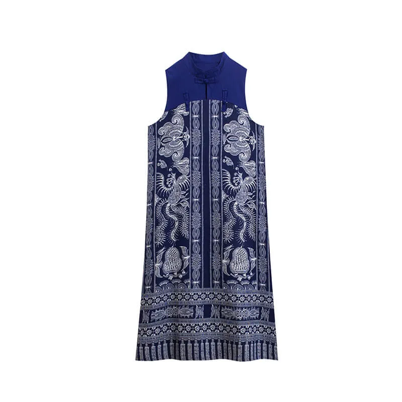 Babakud Plus Size - Summer Floral Printed Linen Blue Dress