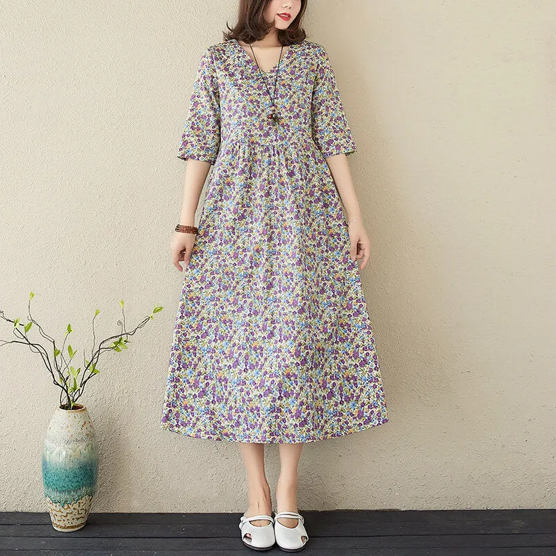 Babakud Plus Size - Summer Floral Printed Linen Loose Dress