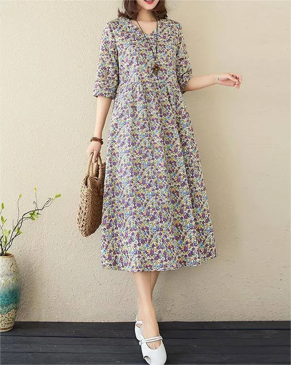 Babakud Plus Size - Summer Floral Printed Linen Loose Dress