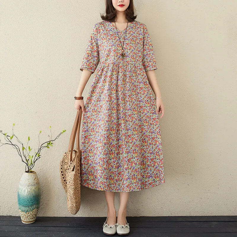 Babakud Plus Size - Summer Floral Printed Linen Loose Dress