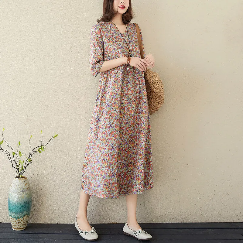 Babakud Plus Size - Summer Floral Printed Linen Loose Dress