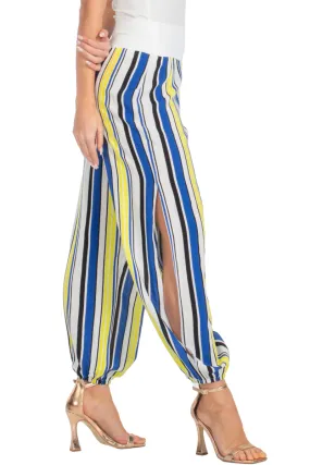 Blue & Yellow Striped Gathered Tango Pants With Slits