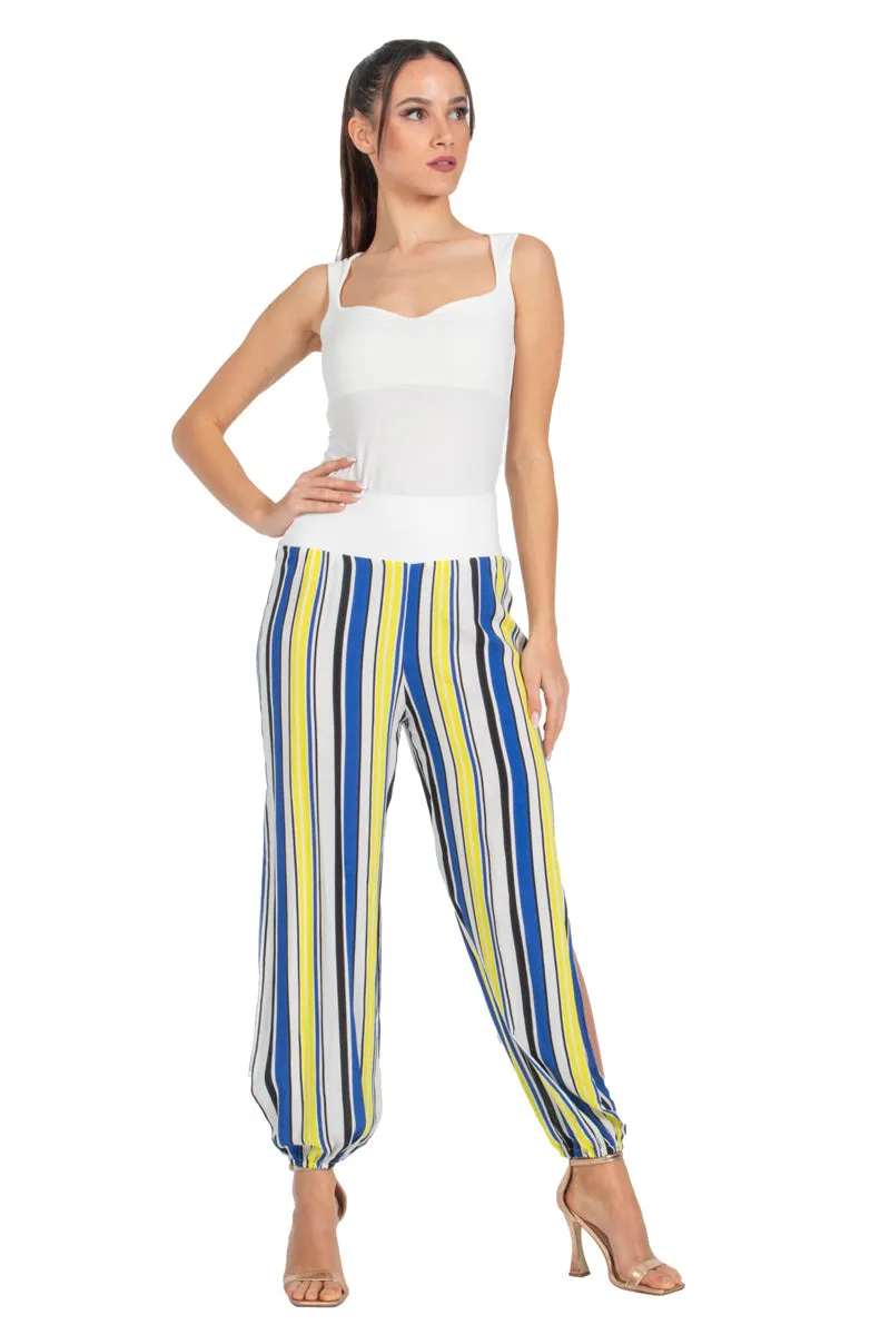 Blue & Yellow Striped Gathered Tango Pants With Slits