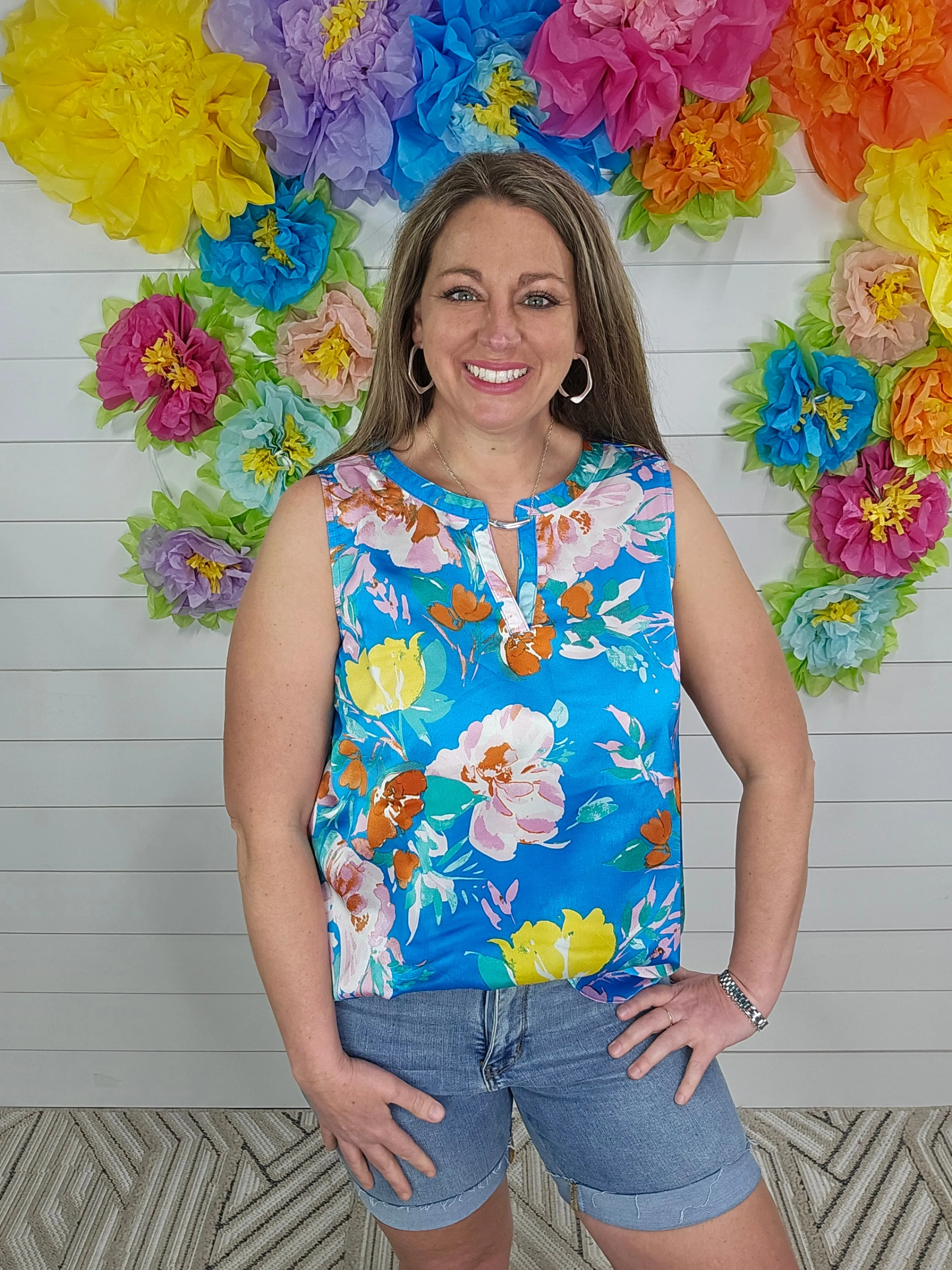 BLUE FLORAL V NECK TANK TOP