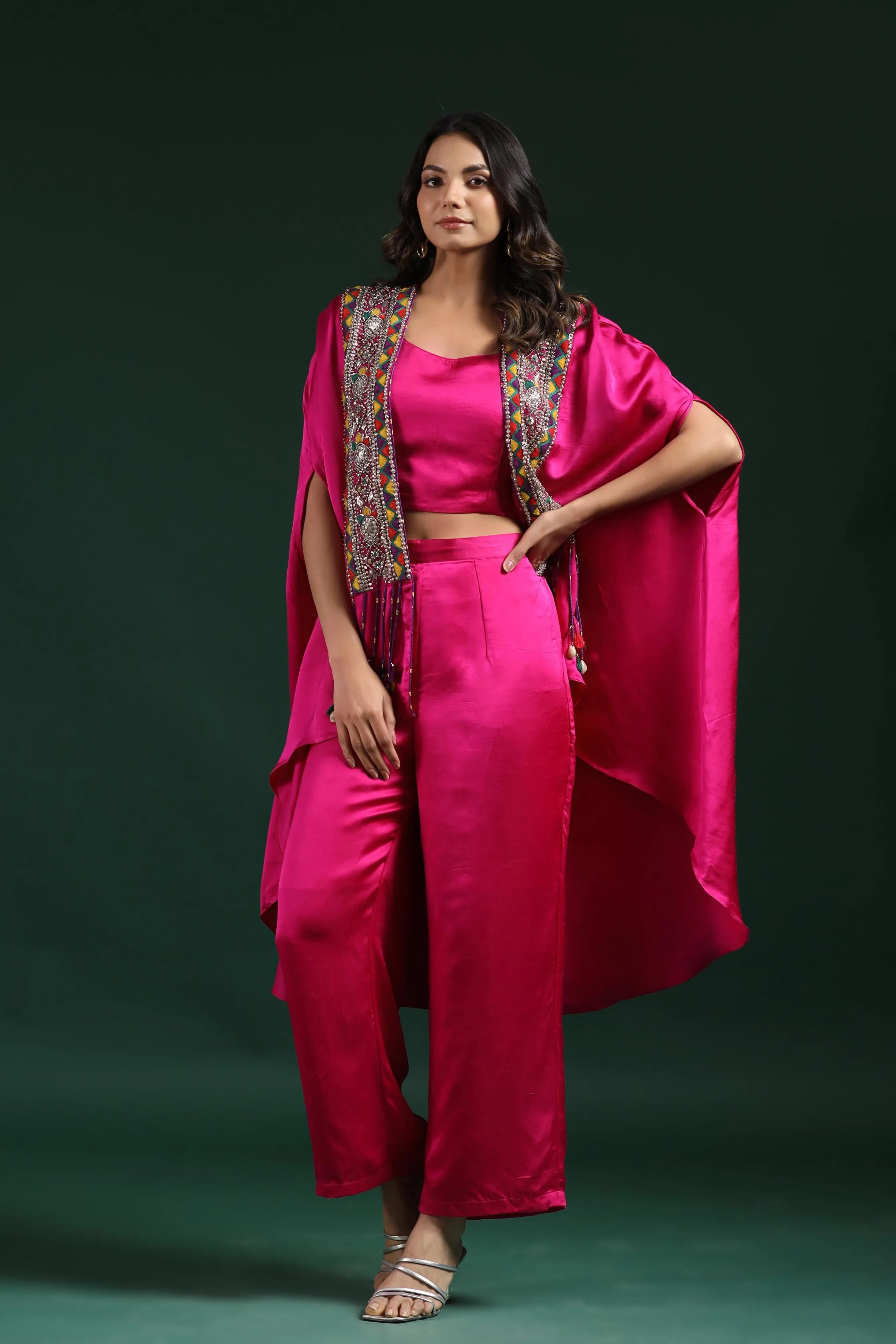 Bright Pink Embroidered Satin Silk Cape Set