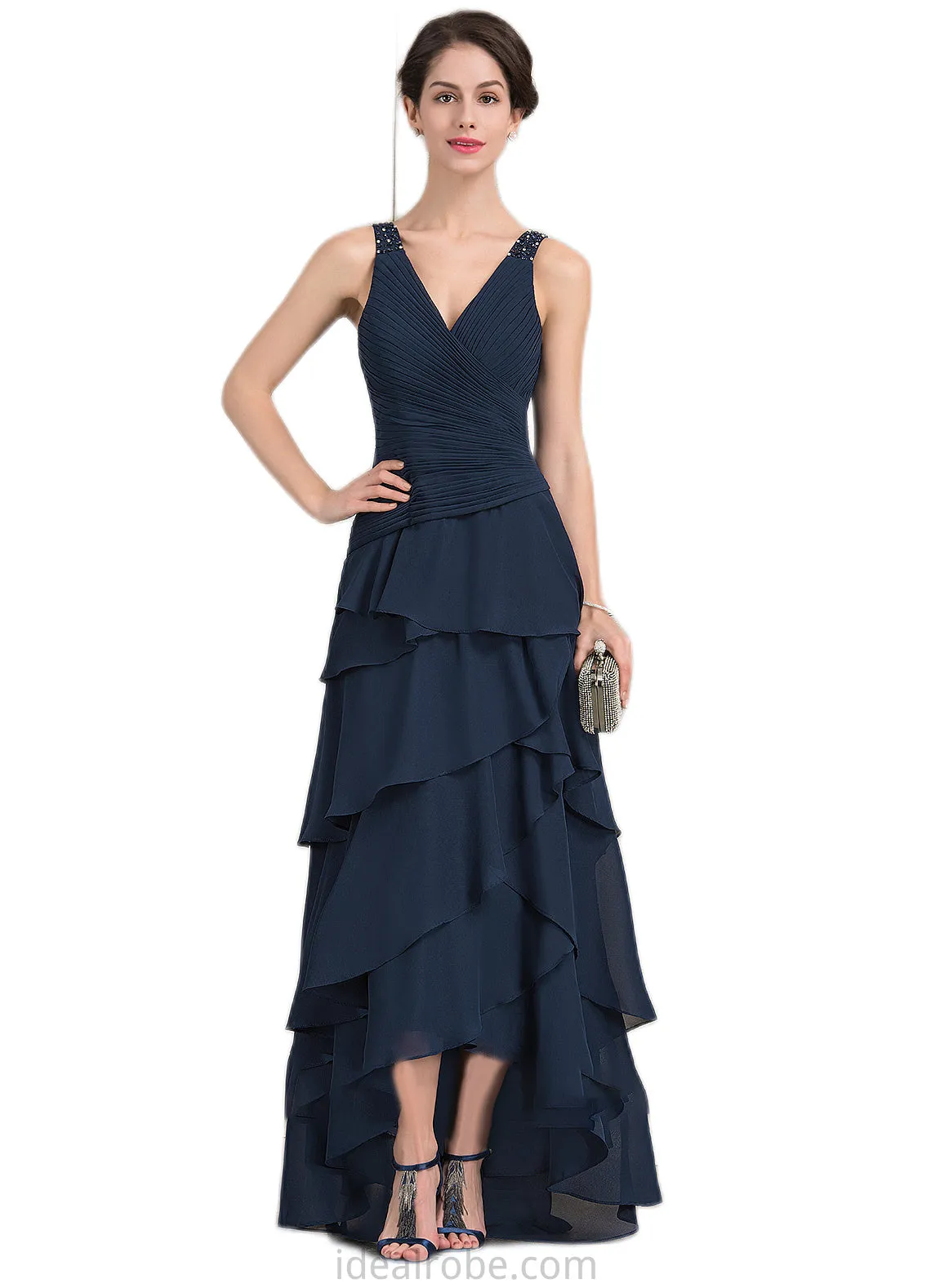 Cali A-Line V-neck Asymmetrical Chiffon Mother of the Bride Dress With Beading Sequins Cascading Ruffles STK126P0014733