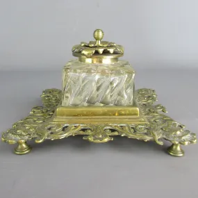 Cast Brass And Cut Glass Inkwell Antique Victorian c1880