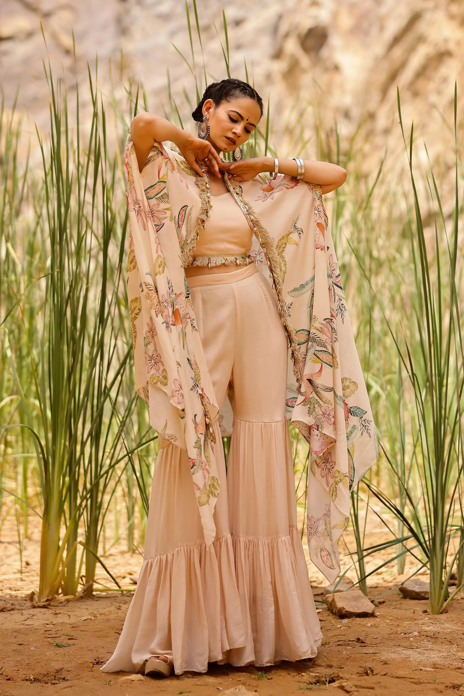 Champagne Floral Printed Premium Silk Cape Set