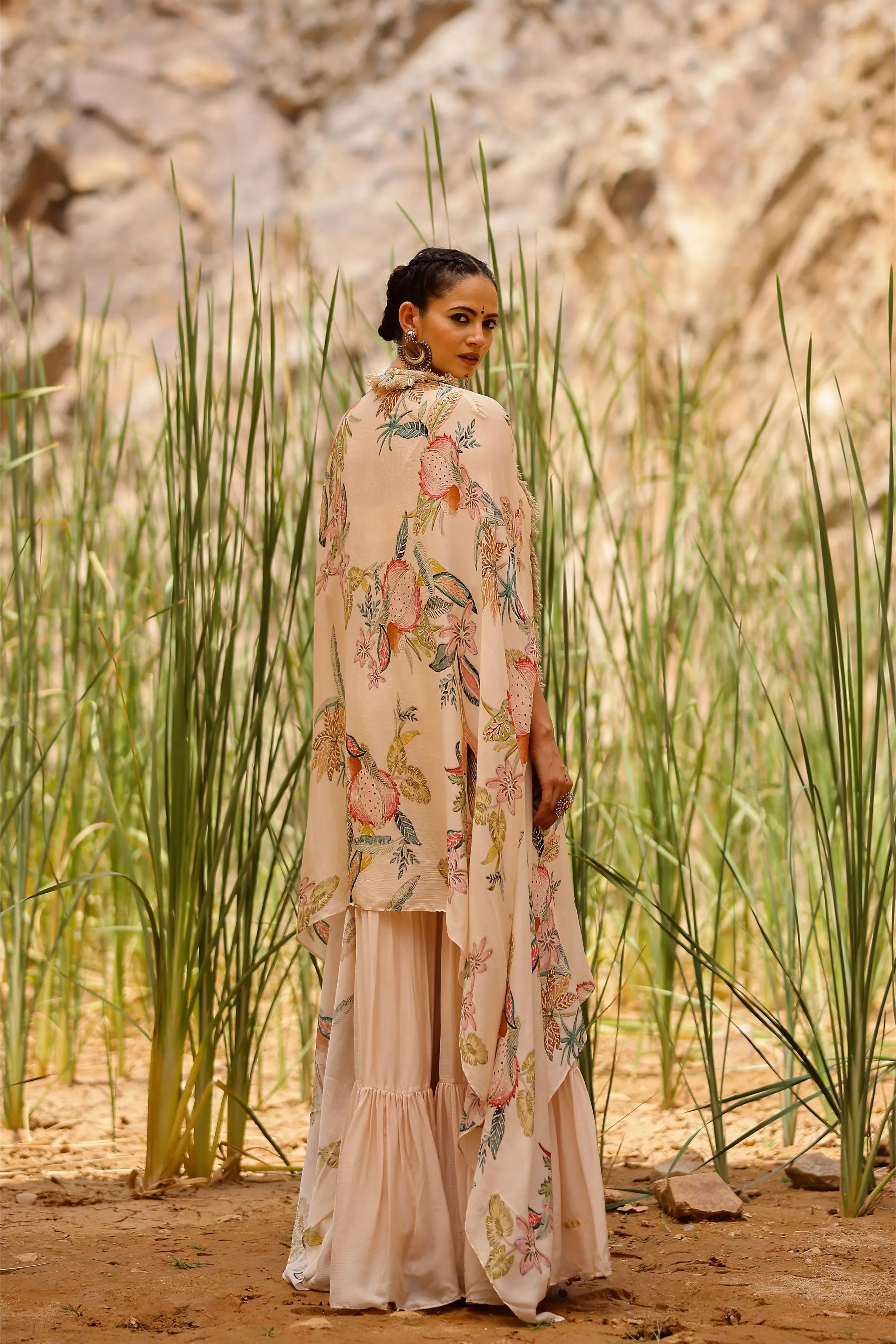 Champagne Floral Printed Premium Silk Cape Set