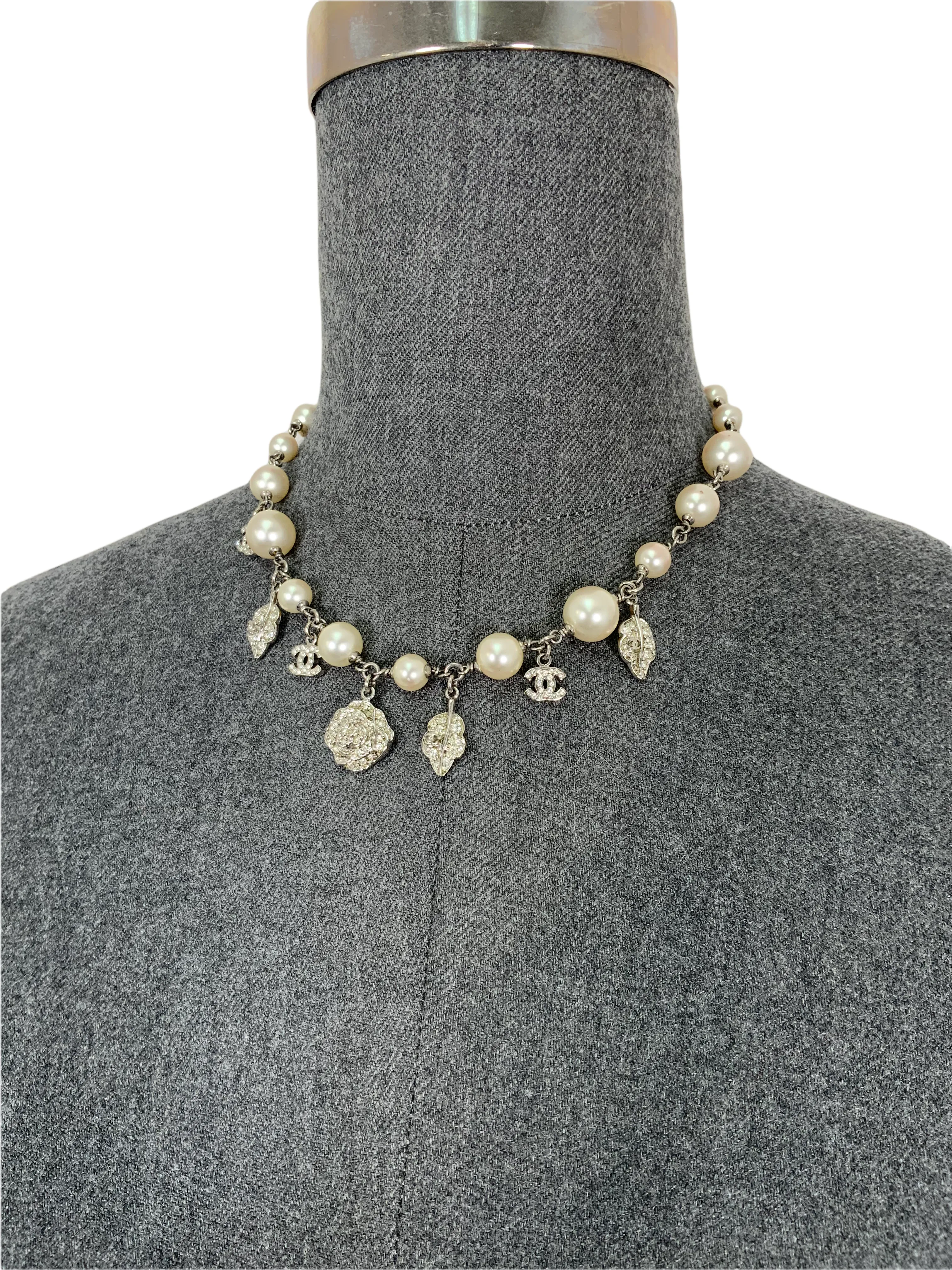 CHANEL Faux Pearl Crystal Camellia Charm Necklace