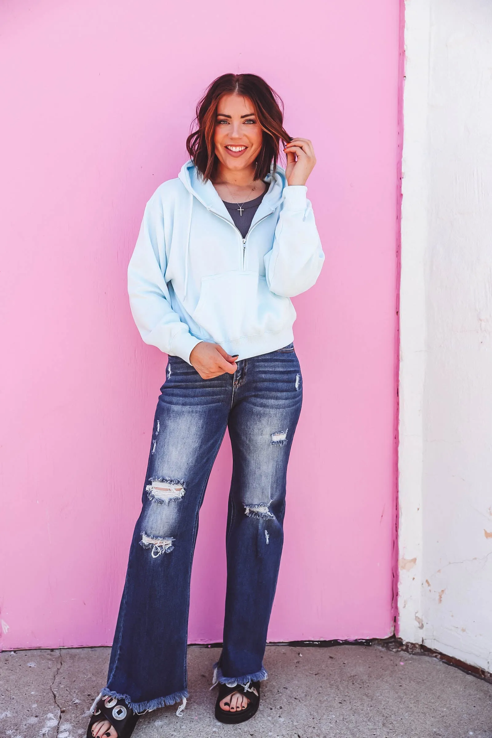 Cora Quarter Zip Pullover-Light Blue