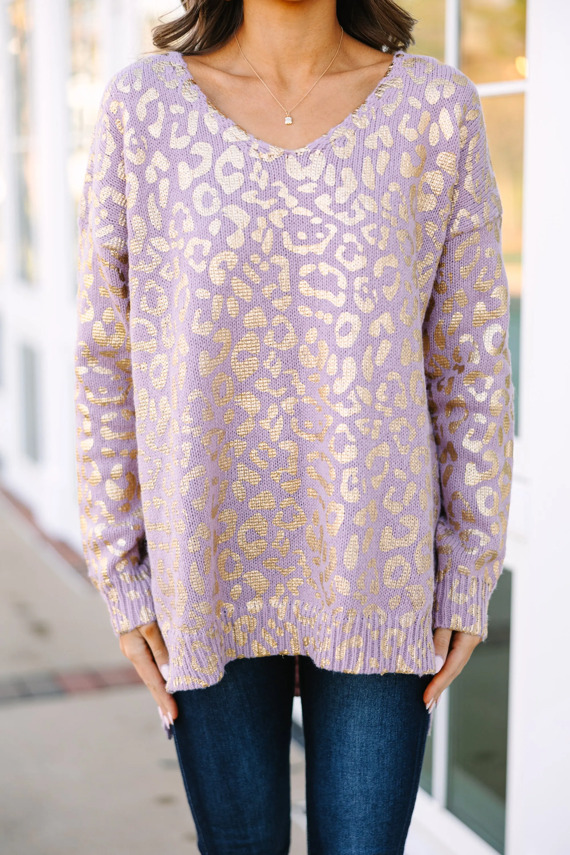 Don't Let Me Go Mauve Pink Metallic Leopard Sweater