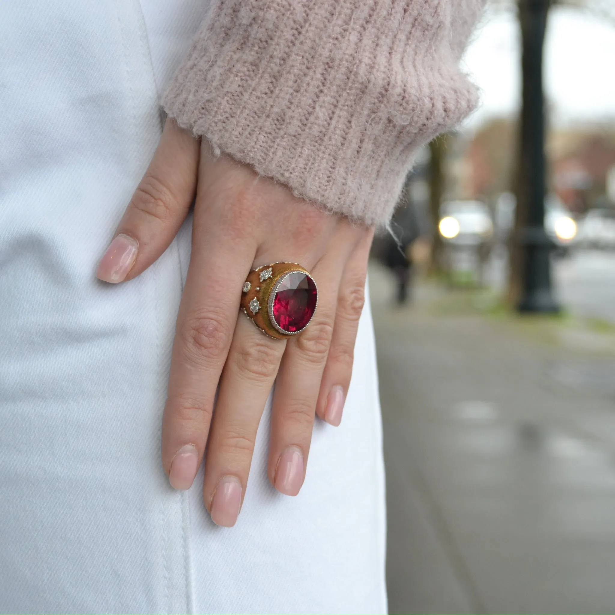 Eclat Jewels - One of a Kind Cocktail Ring with Rubellite and Diamonds, 18k Yellow Gold