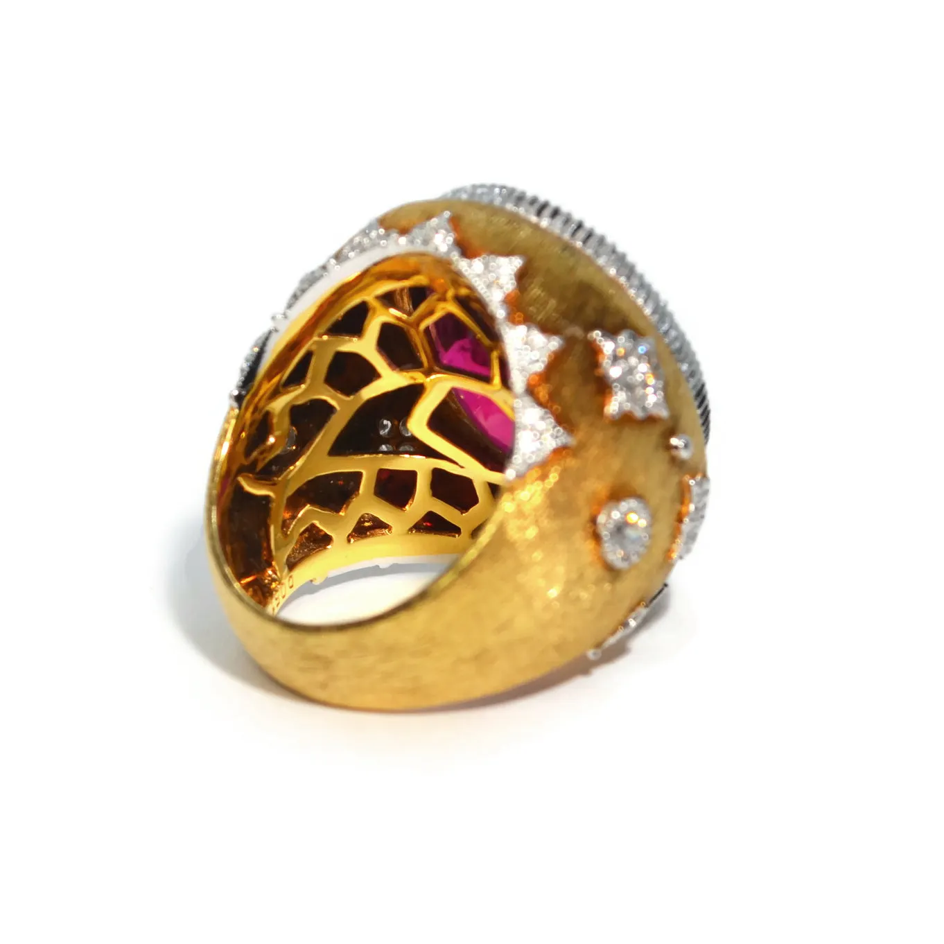 Eclat Jewels - One of a Kind Cocktail Ring with Rubellite and Diamonds, 18k Yellow Gold