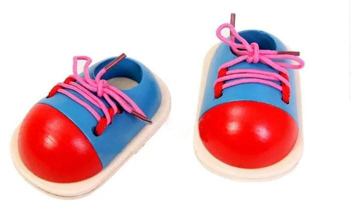 Educational Learning Education 1Piece Fashion Toddler Lacing Shoes Montessori Kids Wooden Toys Children Toys Drop Shipping